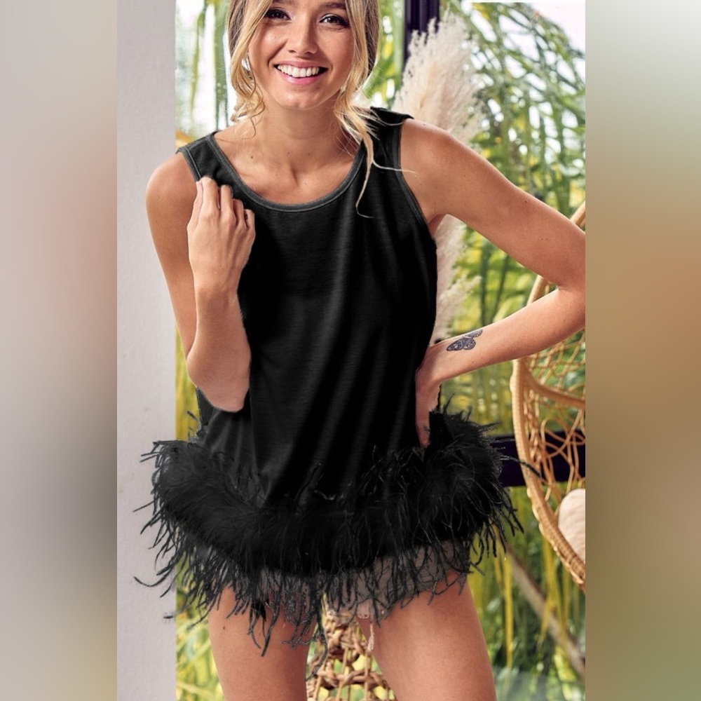 BiBi French Terry Faux Feather Bottom Back Tied Top